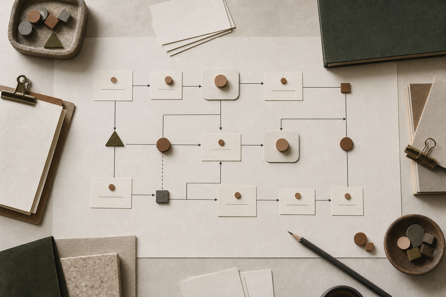 Overhead workflow map assembled from paper cards, connectors and wooden markers.