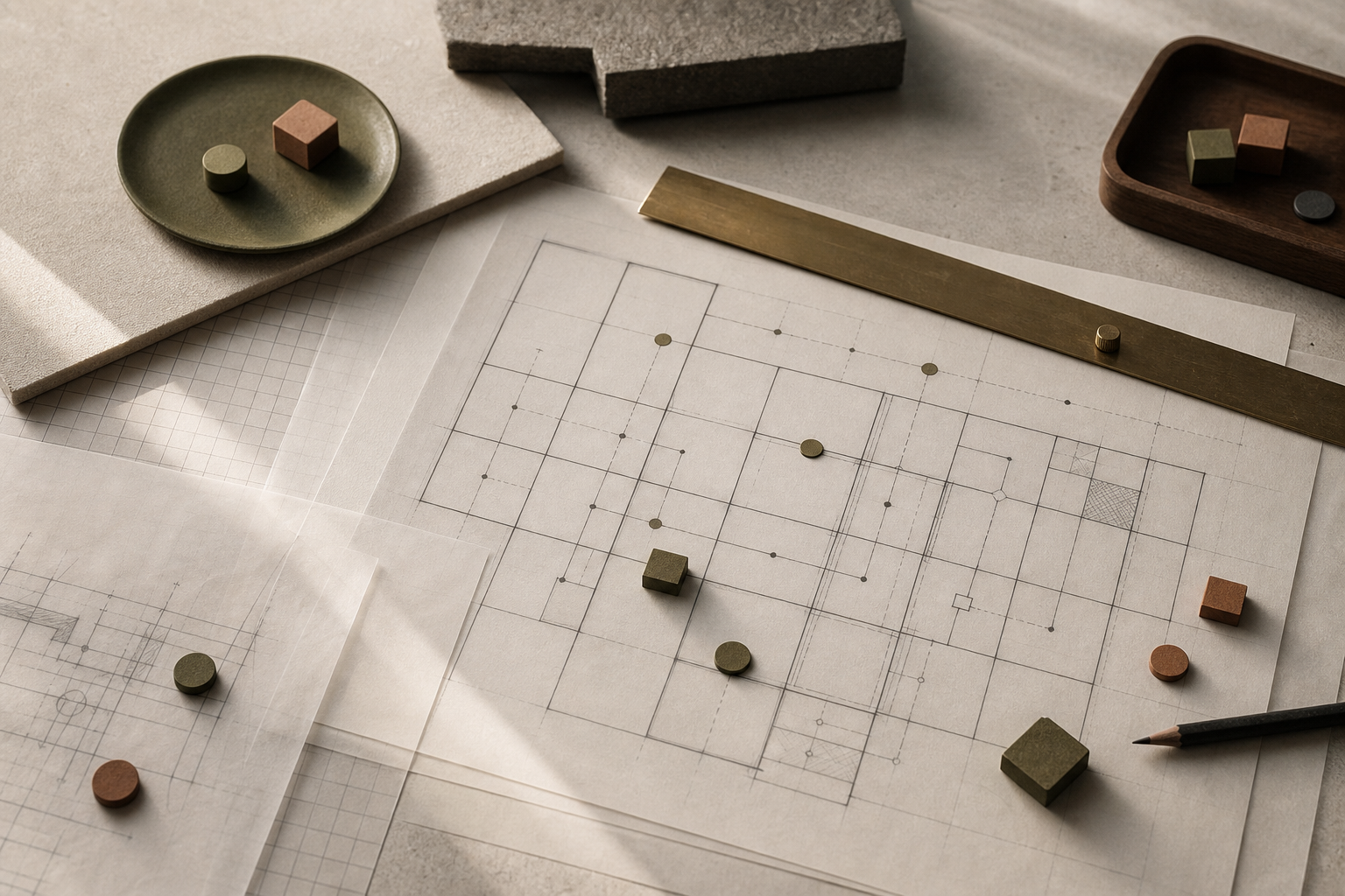 Paper system blueprint with mapped connections and small brass and coloured markers.