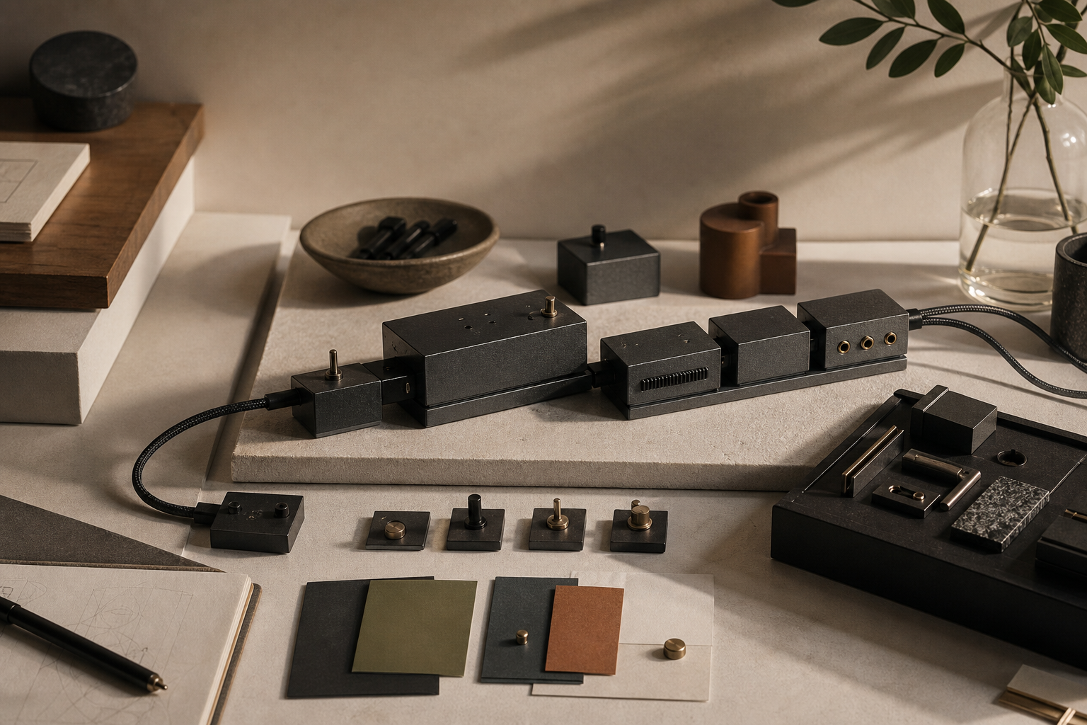 Modular black control units connected across a warm studio workbench.