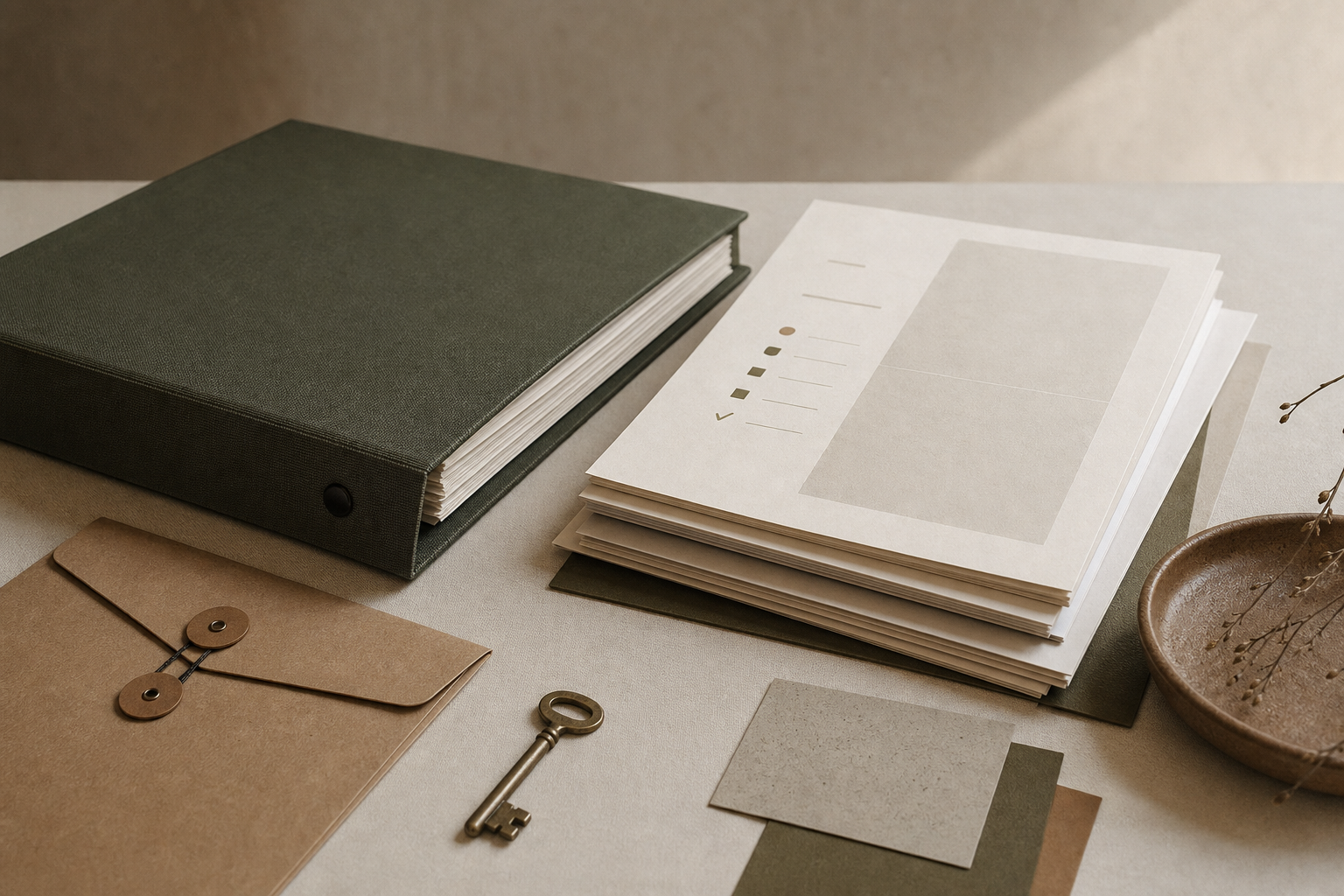 Bound documentation, handover papers and a key arranged on a warm work surface.